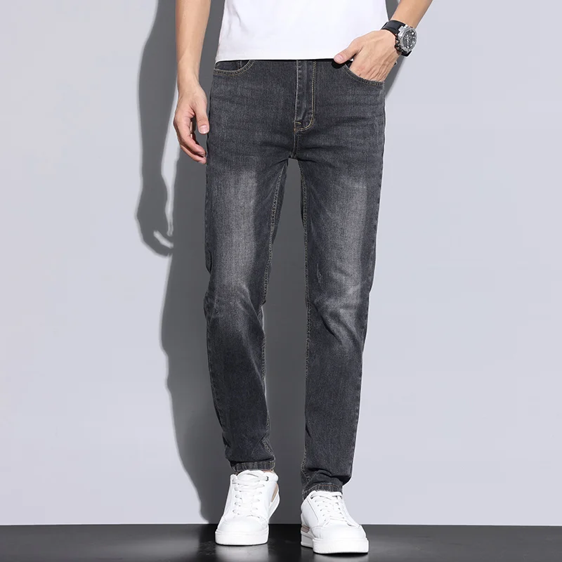 ฤดูใบไม้ร่วงผู้ชาย Vintage Nostalgic Casual กางเกงยีนส์สีฟ้าสีเทาแฟชั่นยืดตรงสบายกางเกงยีนส์แบรนด์เสื้อผ้าชาย