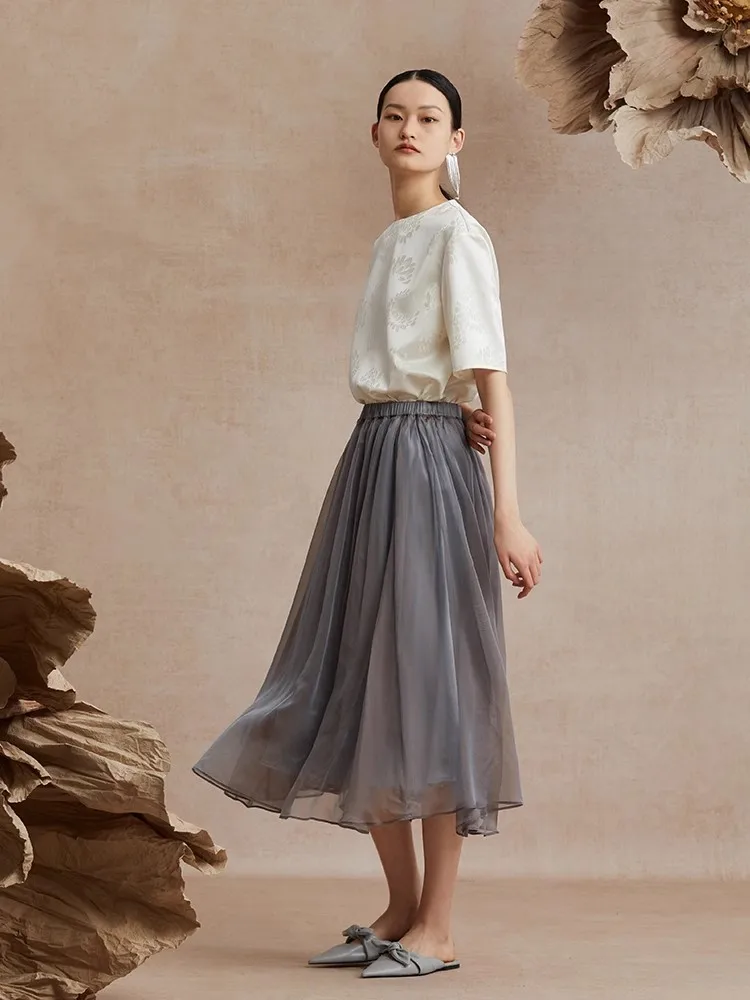 Birdtree 100%Mulberry Silk Crepe Women Skirt Elegant Retro Elastic Waist A-Line Elegant Skirts 2023 Summer Autumn New B3D662QM