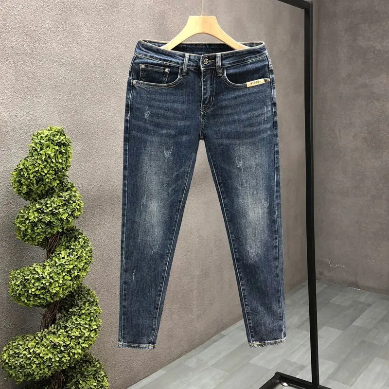 Korean Popular Clothes Trendy Brand Blue Jeans Men's Spring Autumn Slim-fit Small Foot Low Rise Pants Men's Trend Casual Pants