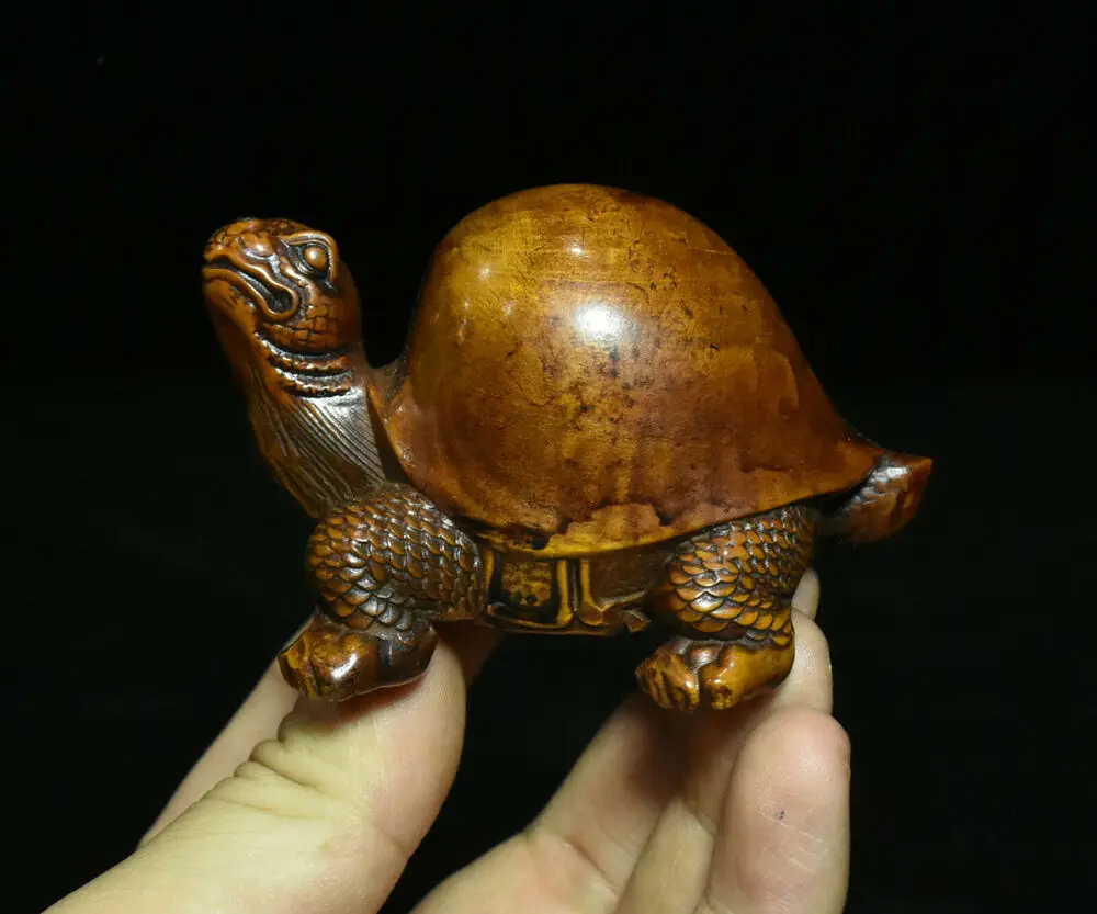 

China Boxwood Wood Hand-Carving Fengshui Animal Tortoise Longevity Turtle Statue