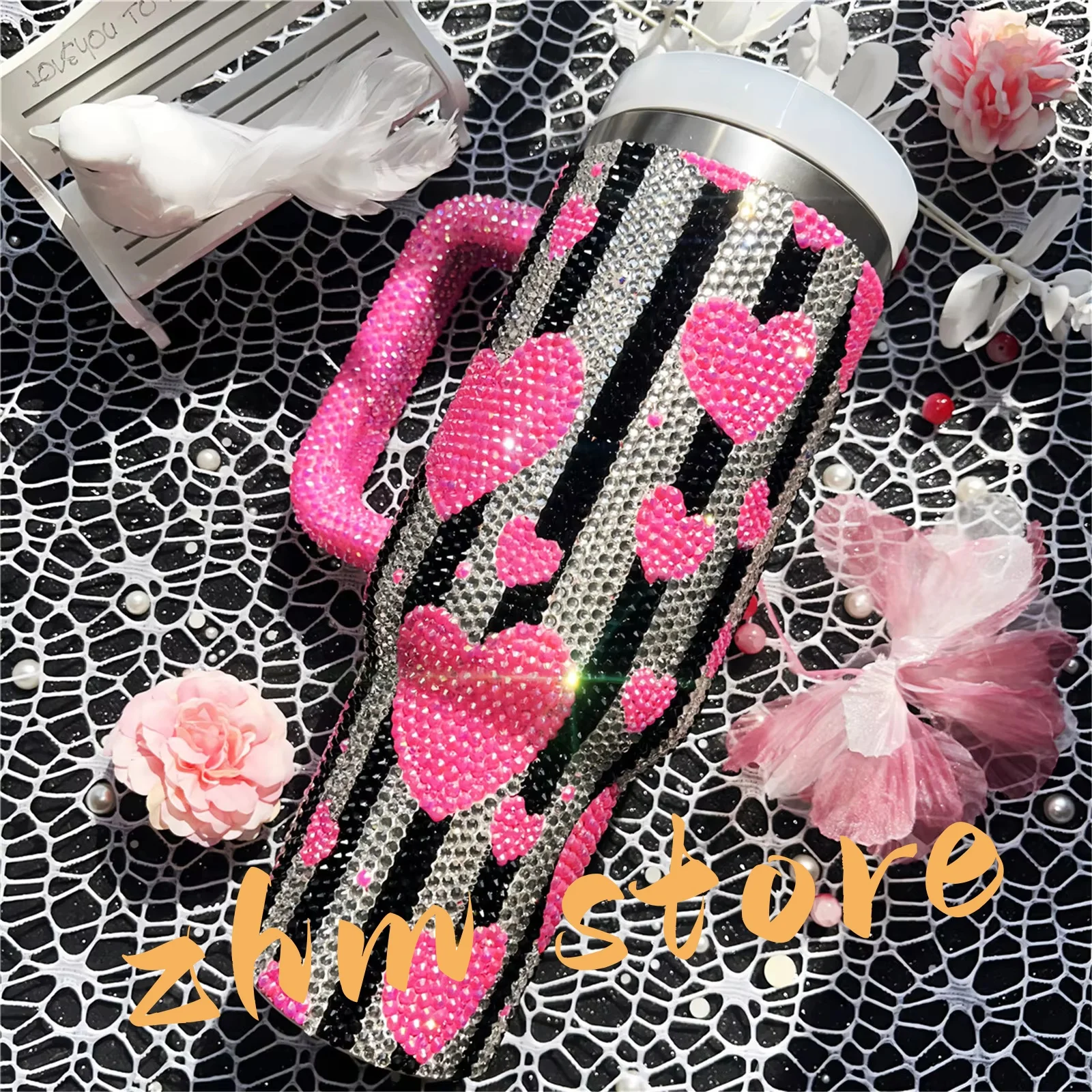 

Customized DIY Handmade Bling Hot Pink Rhinestone Heart Decorate 40oz Stainless Steel Tumbler with Handle for Lover/Teachers