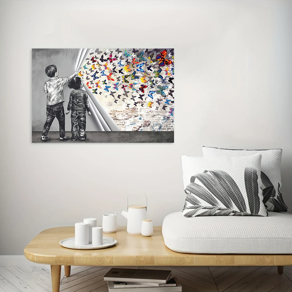 Street Graffiti Art Canvas Printing Heart-Shaped Gesture Butterfly Wall Art Picture for Office Living Room Home Decoration