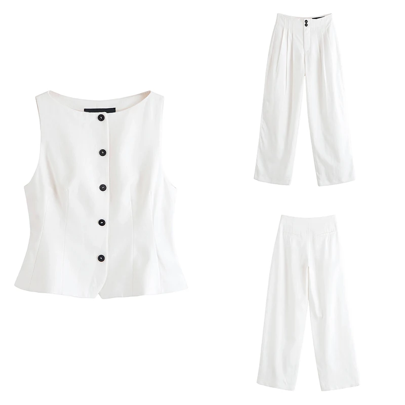 2025 Summer New Women's Faion Pleated Waistcoat And Wide Leg Pants Set Z Brand Polyester Fiber ort Sve round Ne