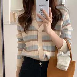 Vintage Contrasting Colors Striped Sweaters Autumn Winter New Patchwork Women's Clothing V-Neck Single-breasted Knitted Cardigan