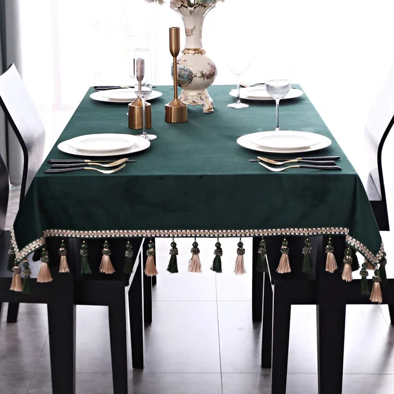 Eifloy-Vintage Green Tablecloth for Table, Rectangular, Velvet Dining Party Square Table Cover, with Tassels, Soft  Table Cloth