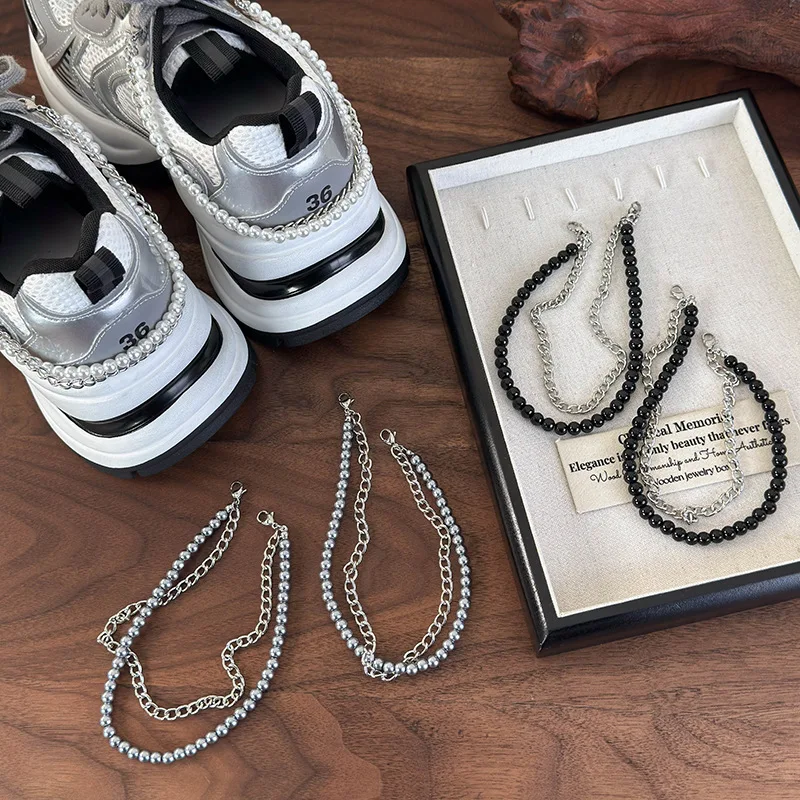 Multicolor Pearl Chain Shoe Clips Double Layer Shoelace Accessories Elegant Styling Footwear Ornaments for Woman Casual Sneakers