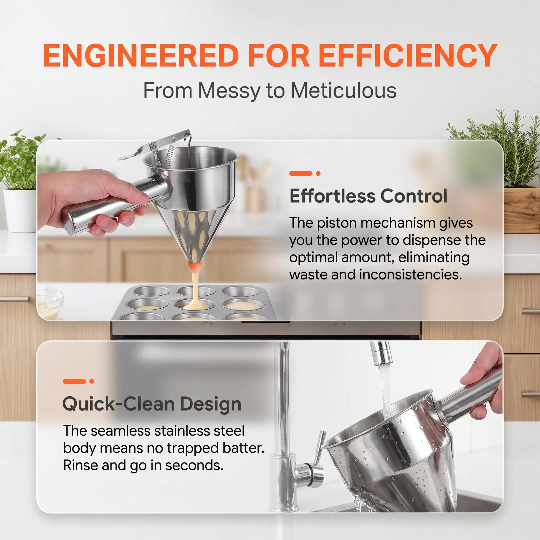 40Oz Stainless Steel Batter Dispenser Funnel Piston Handle Leak Proof Cake Batter Tool for Cupcakes Takoyaki Waffles