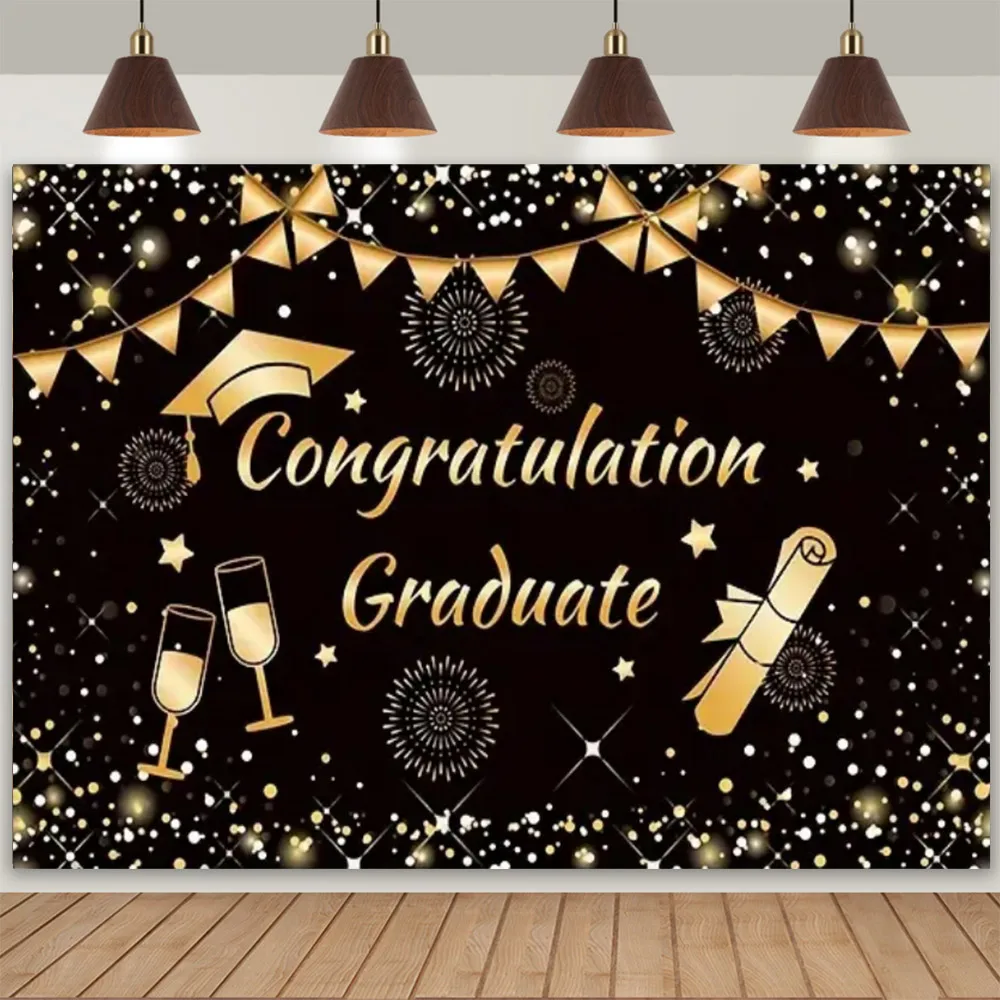 الخريجين التصوير خلفية تهنئة حفلة موسيقية الذهب الأسود بريق قبعة التخرج يمكن نص مخصص ملصق راية ديكور