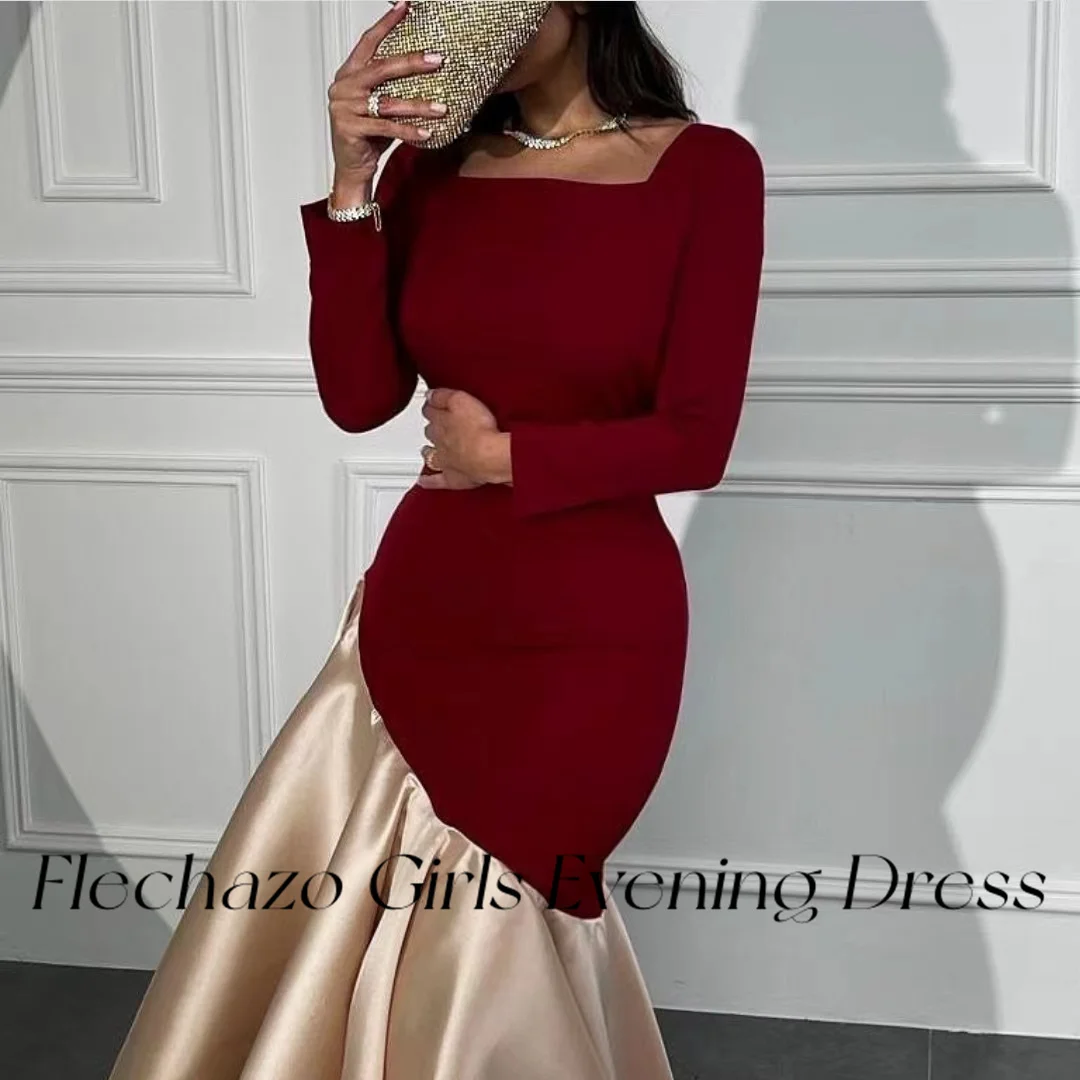 Flechazo Red Evening Dresses Square Neck Mermaid Floor-Length Sheath Formal Party Dress For Women Custom vestidos de noche
