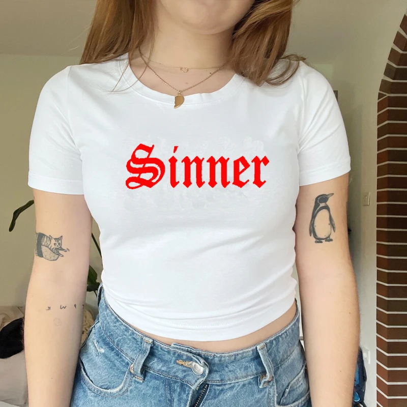 

Sinner Summer Fashion Graphic T Shirt Female Causal O Neck 2000s Grunge Goth Clothes Female T Shirt Y2k Women Cropped Top Female