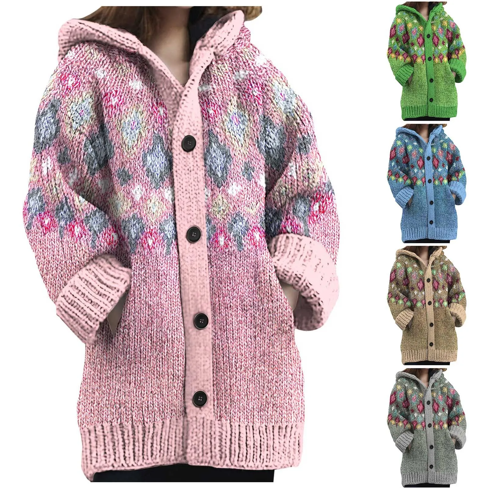 Knitted Sweater Cardigan Coats Printed Hooded Long Sleeve Jumper Warm Fashion Women Casual Cardigan Autumn Winter Sweater Ethnic