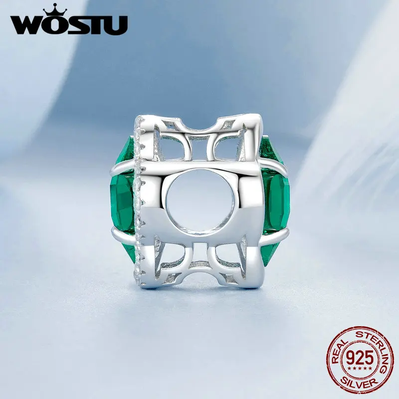 WOSTU 925 Sterling Silver Green Plant Charms Cactus Flower Pendant Four-leaf clover Lucky CZ Beads Fit Original Bracelet Gift