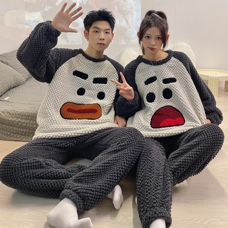 Autumn and Winter 2023 New Big Brand Warm Cute Cartoon Pajamas Couple Set Women Coral Fleece Flannel Men\'s Home Wear