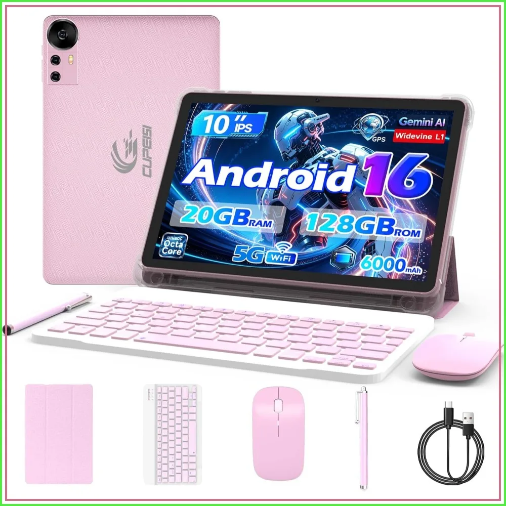 10 Inch Android 16 Tablet, 20GB RAM+128GB ROM/2TB Expand, Octa-Core 2.0GHz, 1280x800 HD, WiFi 6, 2 in 1 with Keyboard Mouse Stylus, Widevine L1 Pink