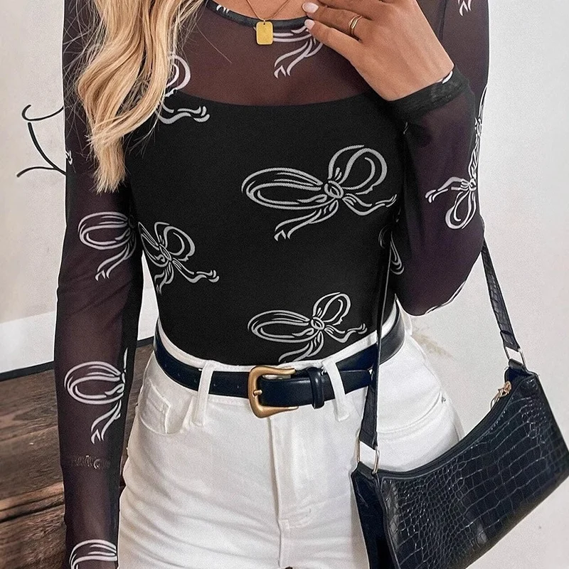 Casual  Knot Printed Me Wrap Women's T-irt Sli European Sle Slim Fit Polyester Thiened Spring Faion