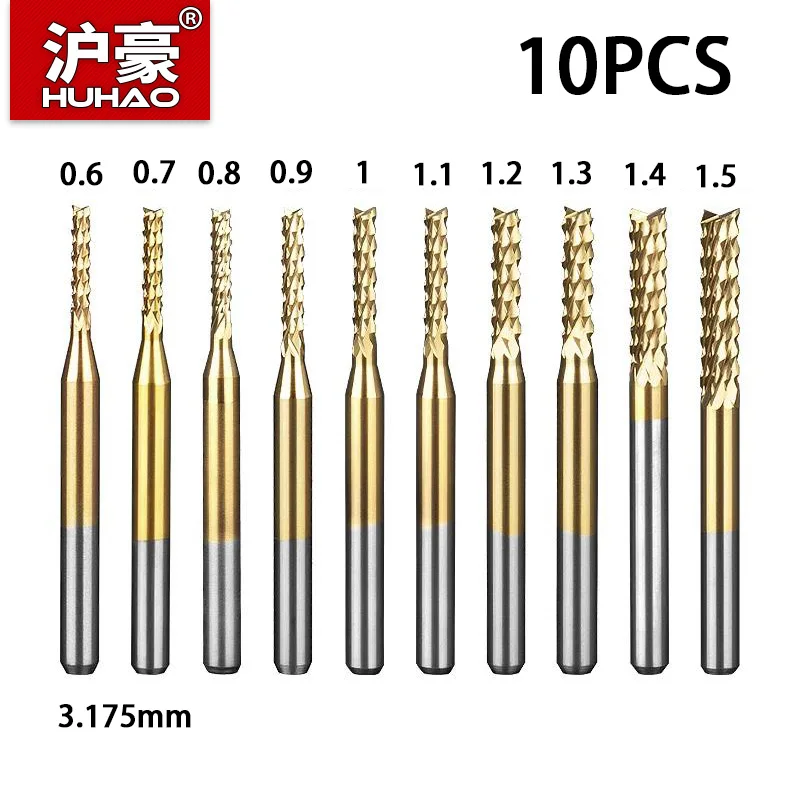 

HUHAO 10PCS 3.175mm TiN Coated PCB Corn Teeth Milling Cutter Carbide End Mill Engraving Bits Set for CNC Router Machine