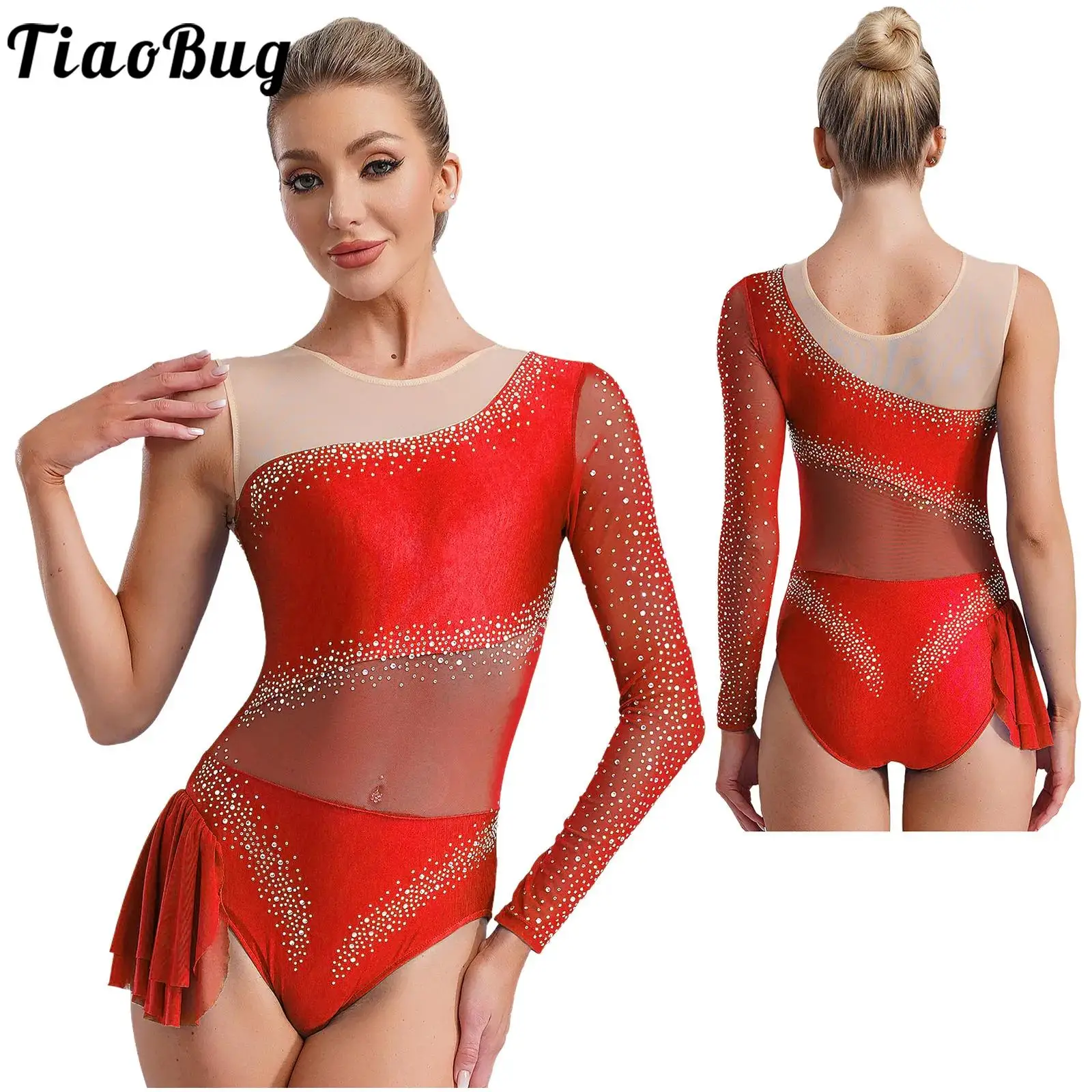 Womens een schouder ballet gymnastiek dans turnpakje bodysuits strass pure mesh lange mouw schaatsen prestatie kostuum