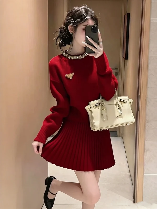 

Cisas Red Knitted Set Women's Autumn Winter High-End Feeling round Ne Overhead Sweater Skirt Two-Piece Set Faion