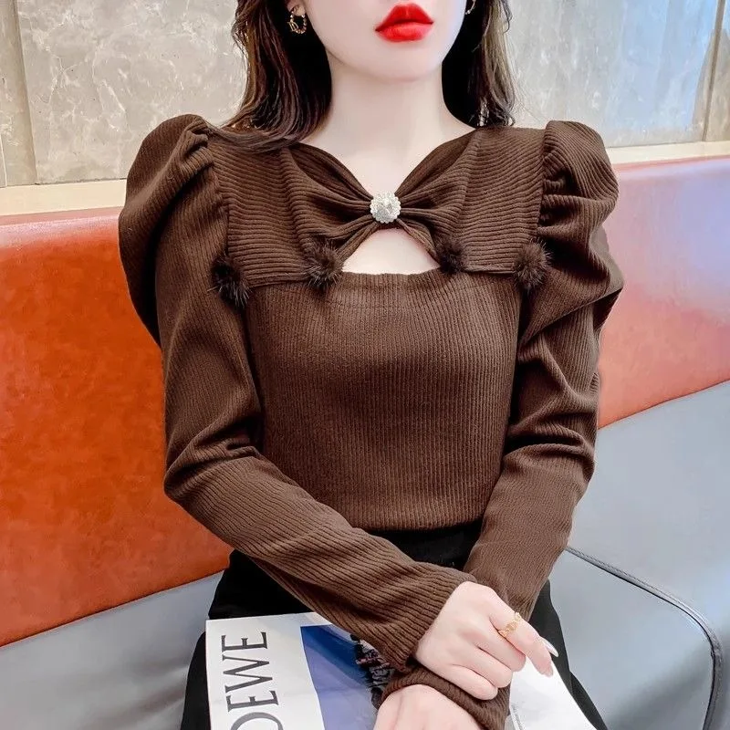 

Модная женская футболка с длинными рукавами нестандартной формы осенью и зимой, шикарный и универсальный однотонный элегантный топ