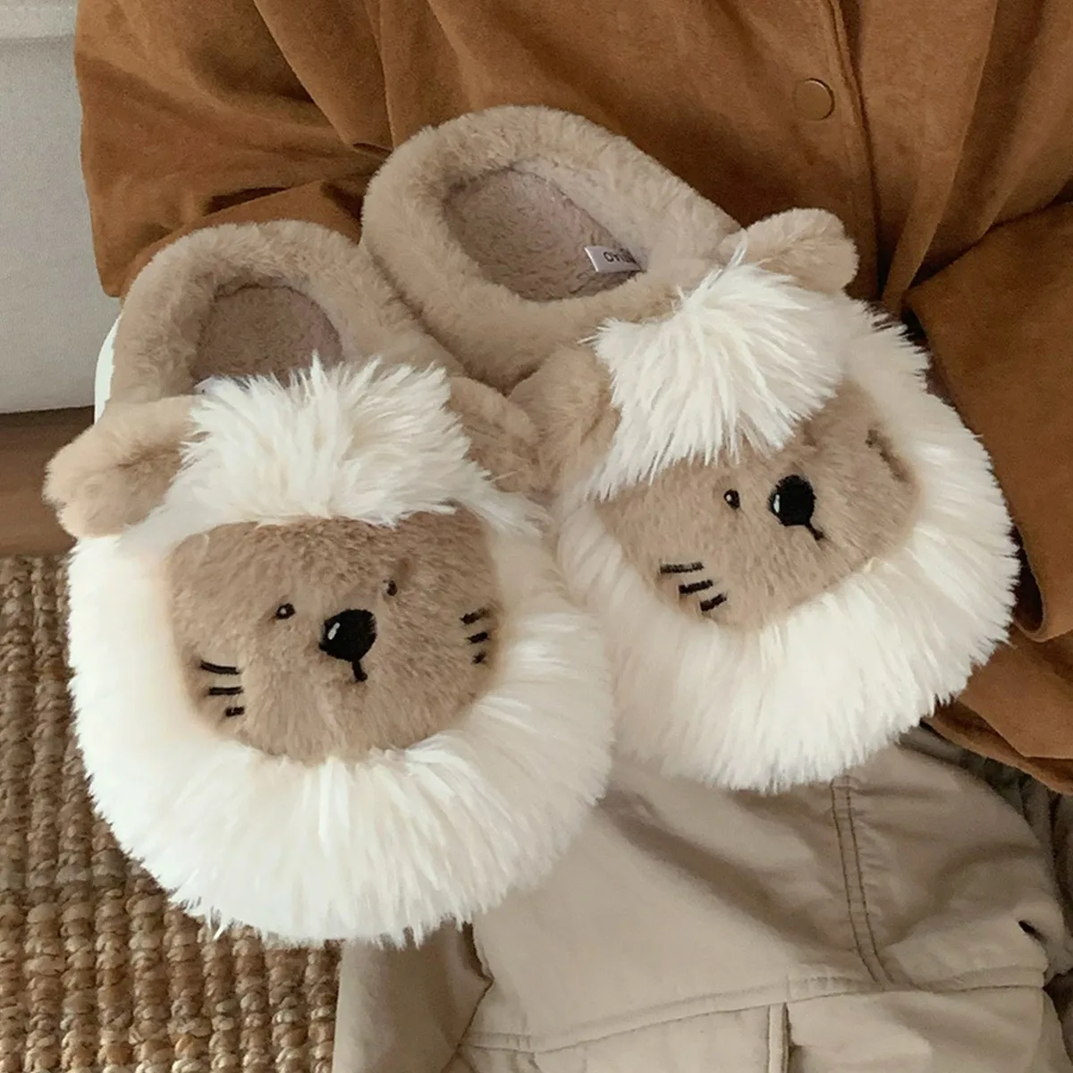 Women House Fur Slippers Casual Cute 3D-shaped Lovely Lion Design Yellow Khaki Winter Indoor Non-slip Warm Soft Soles Comfy Home image 6