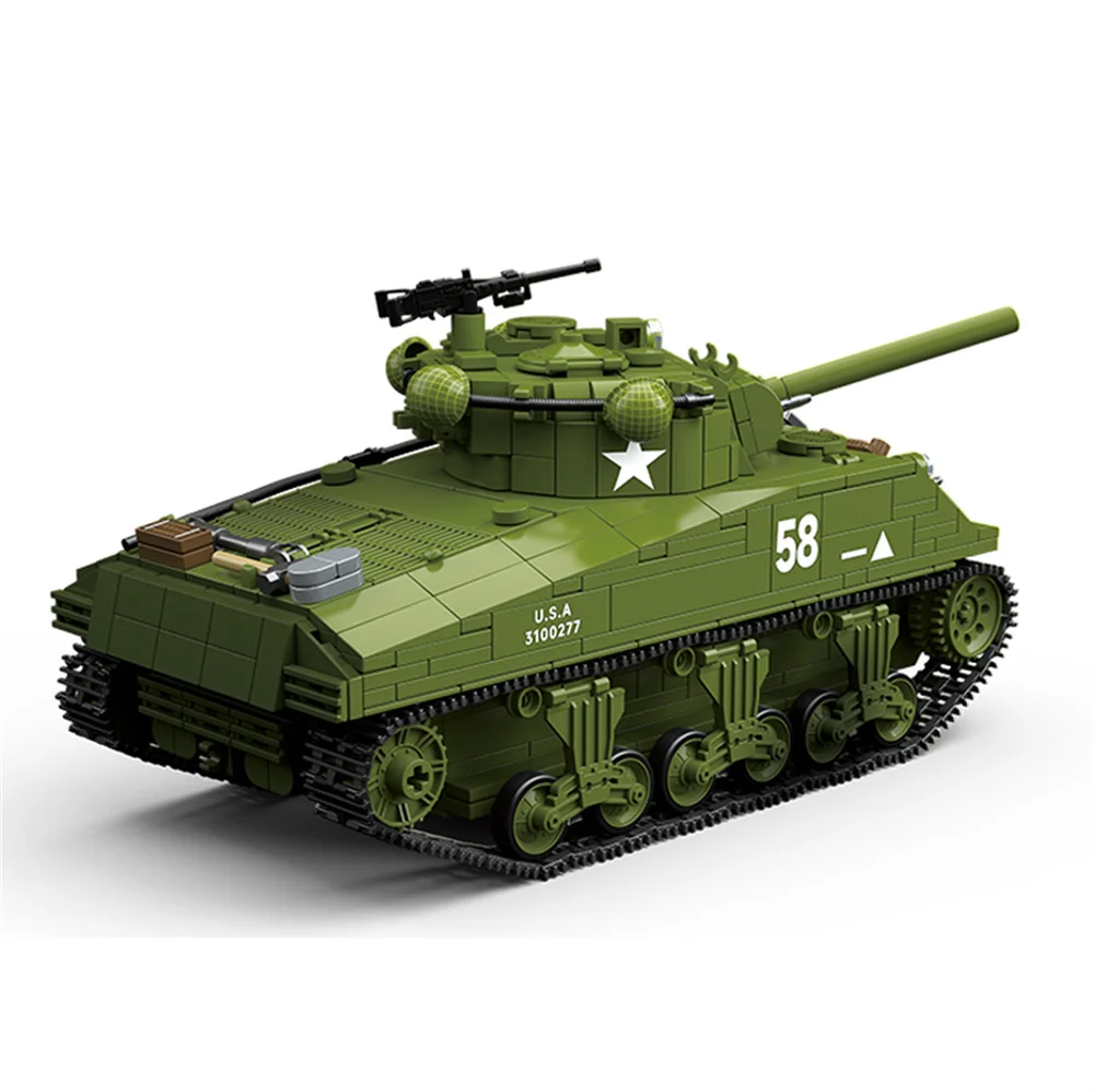 WW2 Military Army Soldiers World War 2 M4A3 Sherman Medium Tank Model MOC DIY Building Blocks Bricks Toys For Children