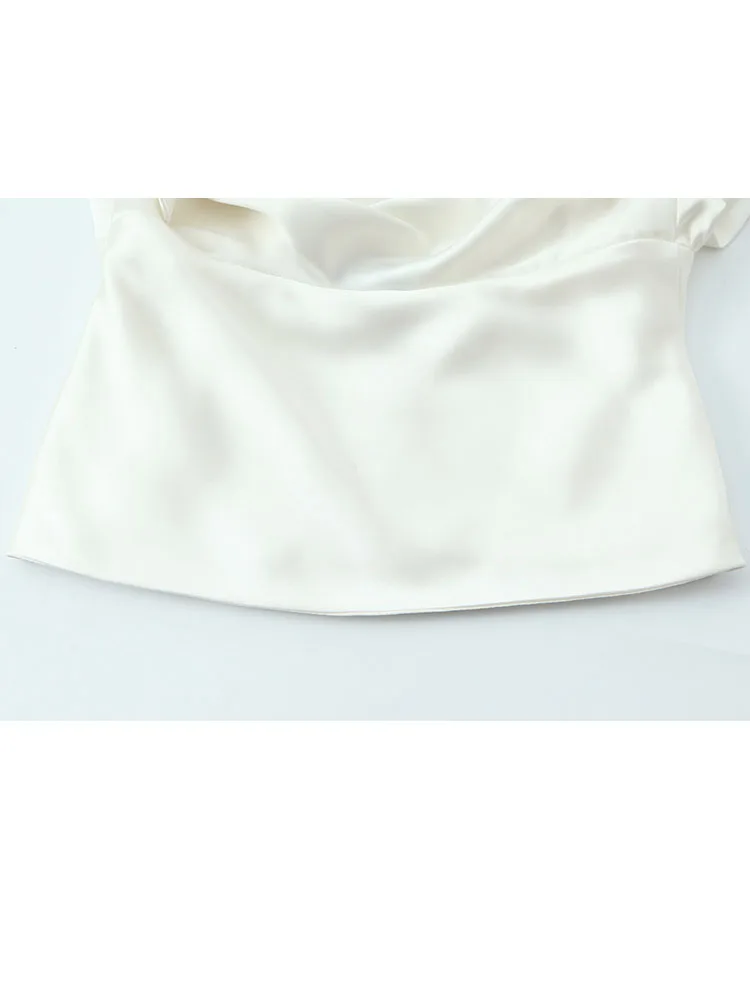 HH Women Fashion 2025 Elegant Silk Satin Bow Decorated Backless Shirt Female Temperament Casual Solid High Neck Long Sleeve Top