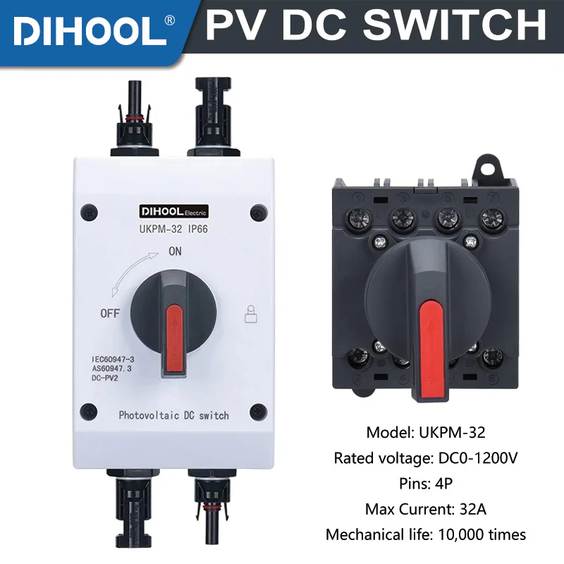 Photovoltaic Electrical Isolator Solar Switch PV Photovoltaic DC Switch UKPM-32 DC500V 1000V 32A 16A Outdoor Waterproof IP66