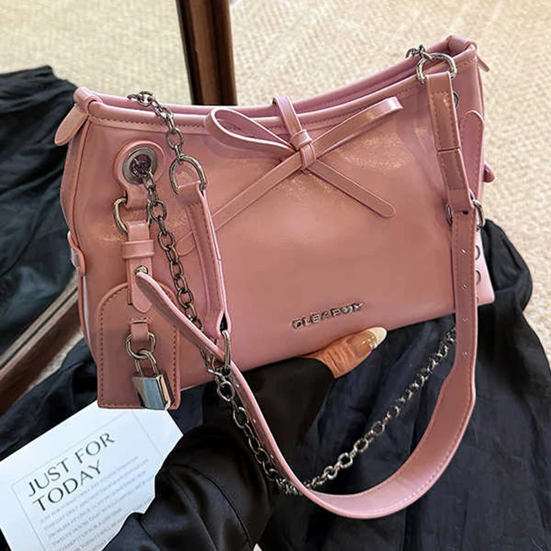 

Корейский стиль с бантом из искусственной кожи, сумка на плечо с цепочкой для женщин, новая классная сумка большой вместимости, модная модная сумка через плечо