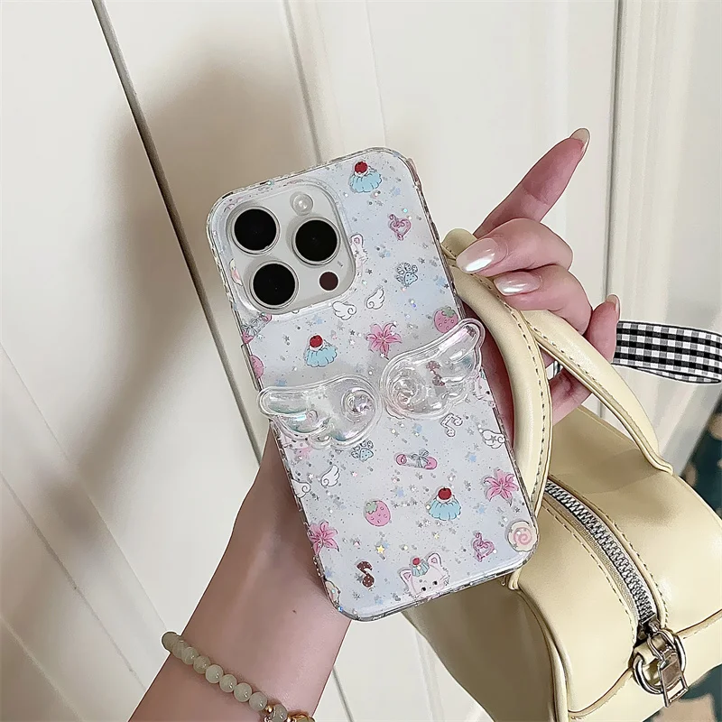 لطيف Bowknot الجانب الإطار جراب هاتف آيفون 16 برو 15 14 13 برو ماكس غطاء واضح بريق أجنحة للصدمات حالات ل 16 ProMax