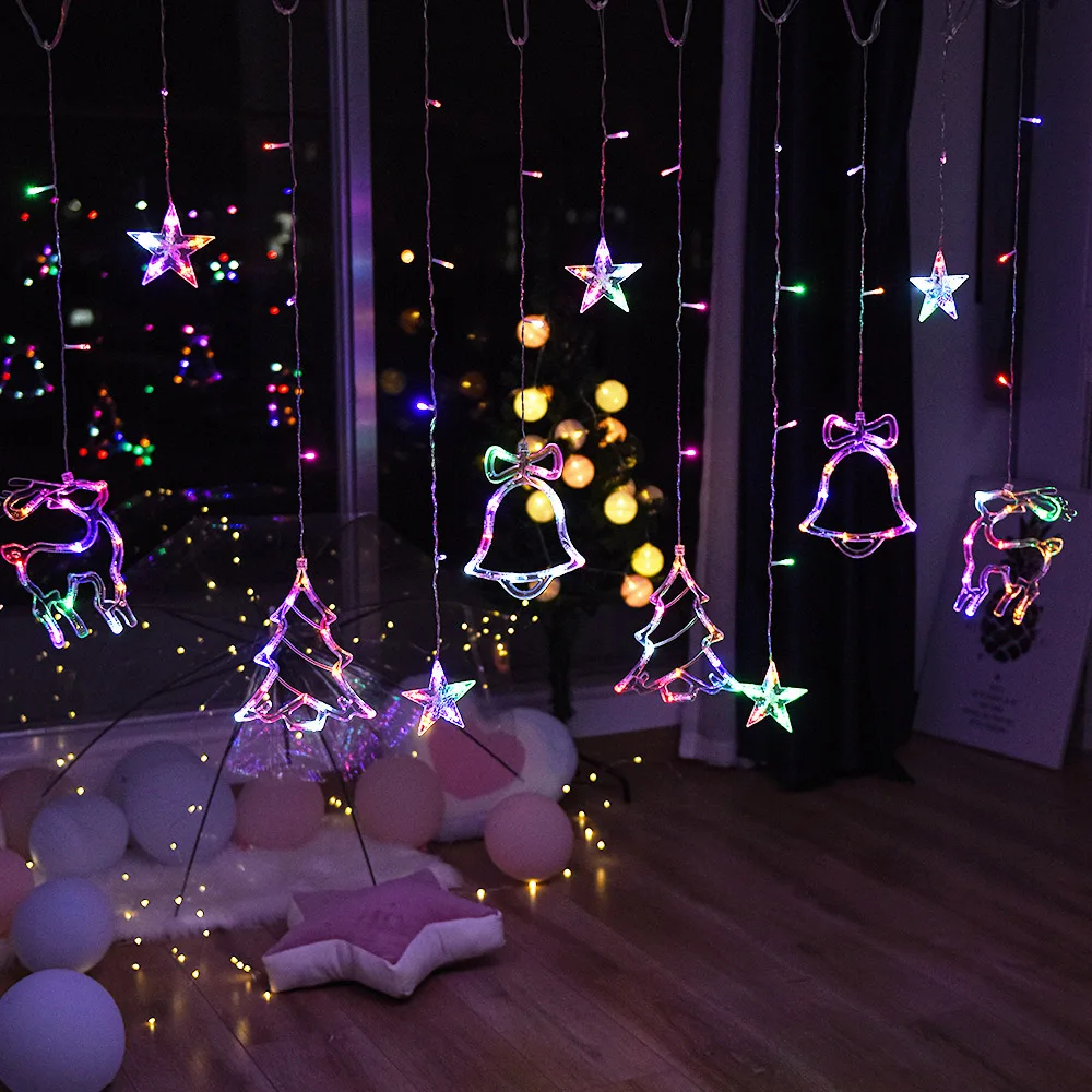 Christmas Fairy Curtain String Lights 3.4M LED Star Deer 220V 110V Garland Festoon For Xmas Tree New Year Navidad Party Decor