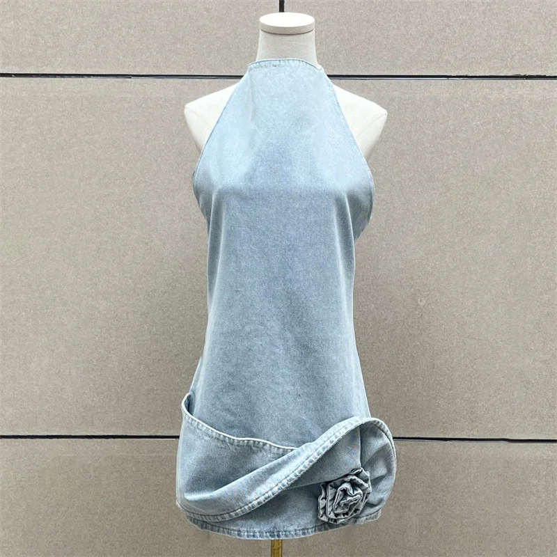 ชุดสตรี 2025 ฤดูร้อนใหม่ 3D ดอกไม้ชุดมินิผ้าฝ้ายแขนกุดสั้นเซ็กซี่ backless PARTY Dresses DENIM ชุด