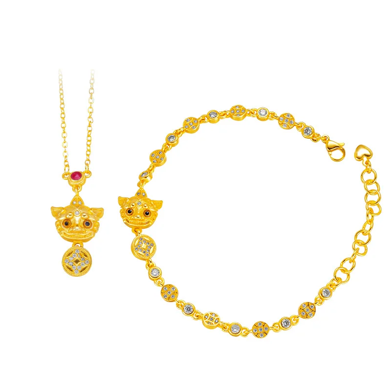 Fylia Jewelry  Light luxury 24K real gold set diamond Zhaochai pixiu bracelet set chain au9999 pure gold senior sense hand decor