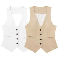 HH Summer Women Elegant Solid Linen Vest Top Casual Vintage V Neck Sleeveless Waistcoat 2024 Female Fashion Vests Chic Tops