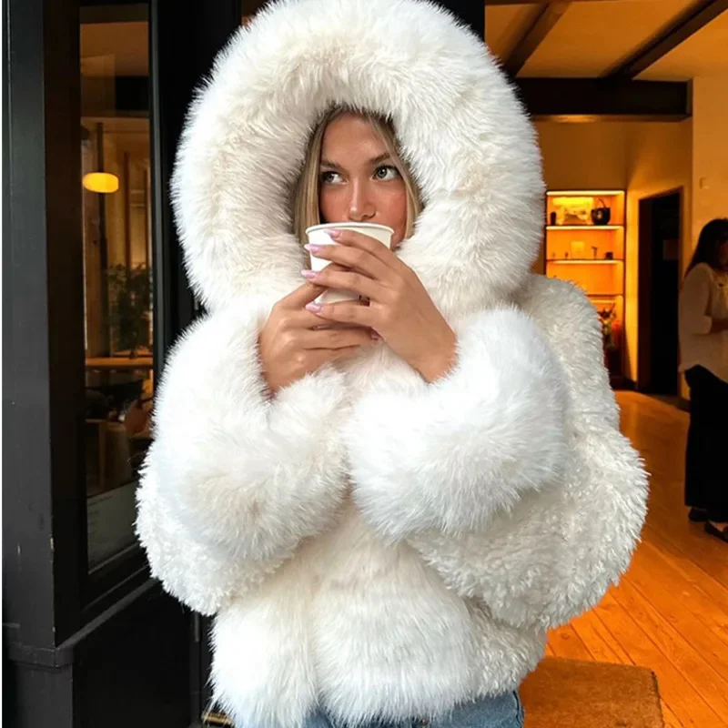 Winter Casual Hooded Faux Fur Jacket Women Fashion Fluffy Big Collar White Snow Jackets 2025 High Street Warm Plush Thick Coats