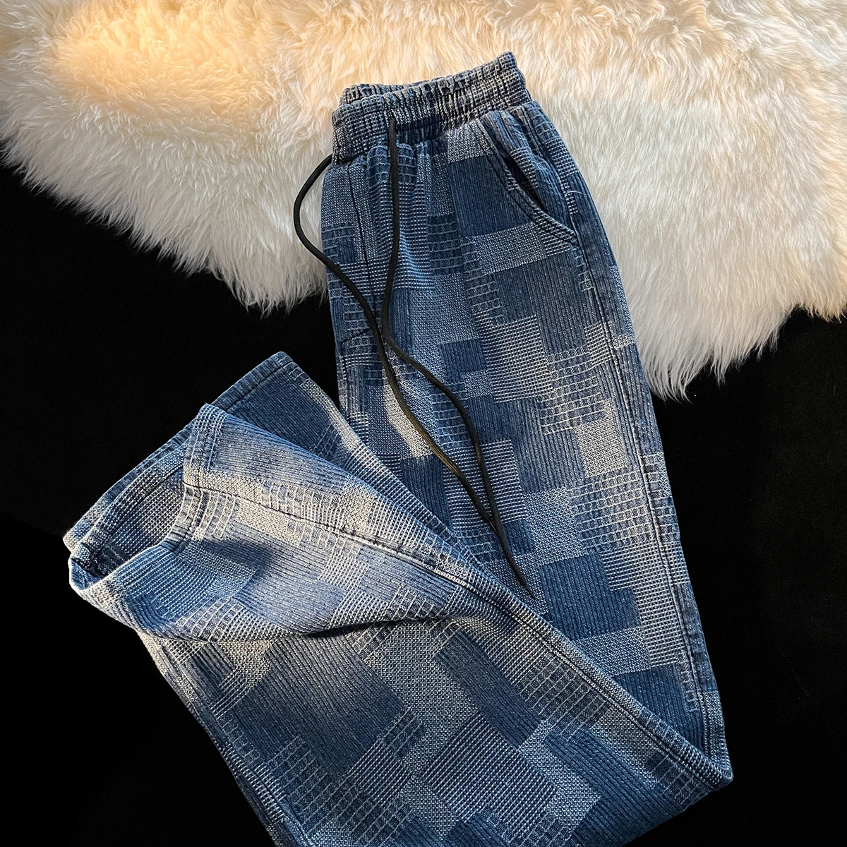 Men Plaid Blue Jeans Summer Thin American Retro Straight Leg Pants Fashion New Casual Loose Versatile Drawstring Trousers