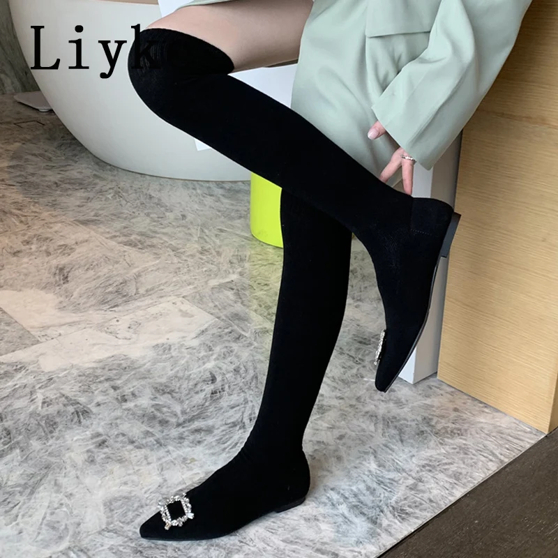 Liyke 2024 Autumn Women Cozy Knitting Stretch Fabric Socks Boots Crystal Buckle Casual Flat With Thigh High Over The Knee Shoes