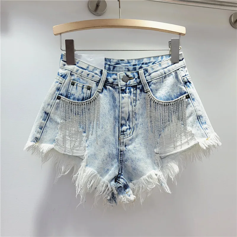 Women's Summer Tassel Rhinestone Denim Shorts 2024 New Loose High Waist Diamond Ripped Wide-Legged Hot Pants Female Short Jeans