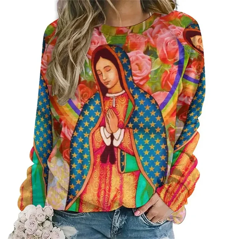 Vintage 3D Printing German Diego De Guadalupe Virgin Mary Sweatshirts For Women Unisex Fashion Streetwear Round Neck Hoodies Top