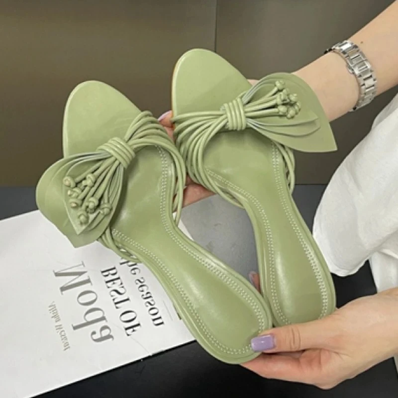 

Summer Fashion Green Bow Brand Slippers Women Elegant Open Toe Thin Heel Design Slide Sandals Comfortable Non Slip Beach Sandals
