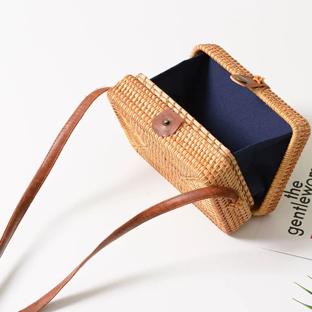 Women Summer Round Straw Bag Handmade Woven Handbags Female Rectangle Rattan Beach Shoulder Bag