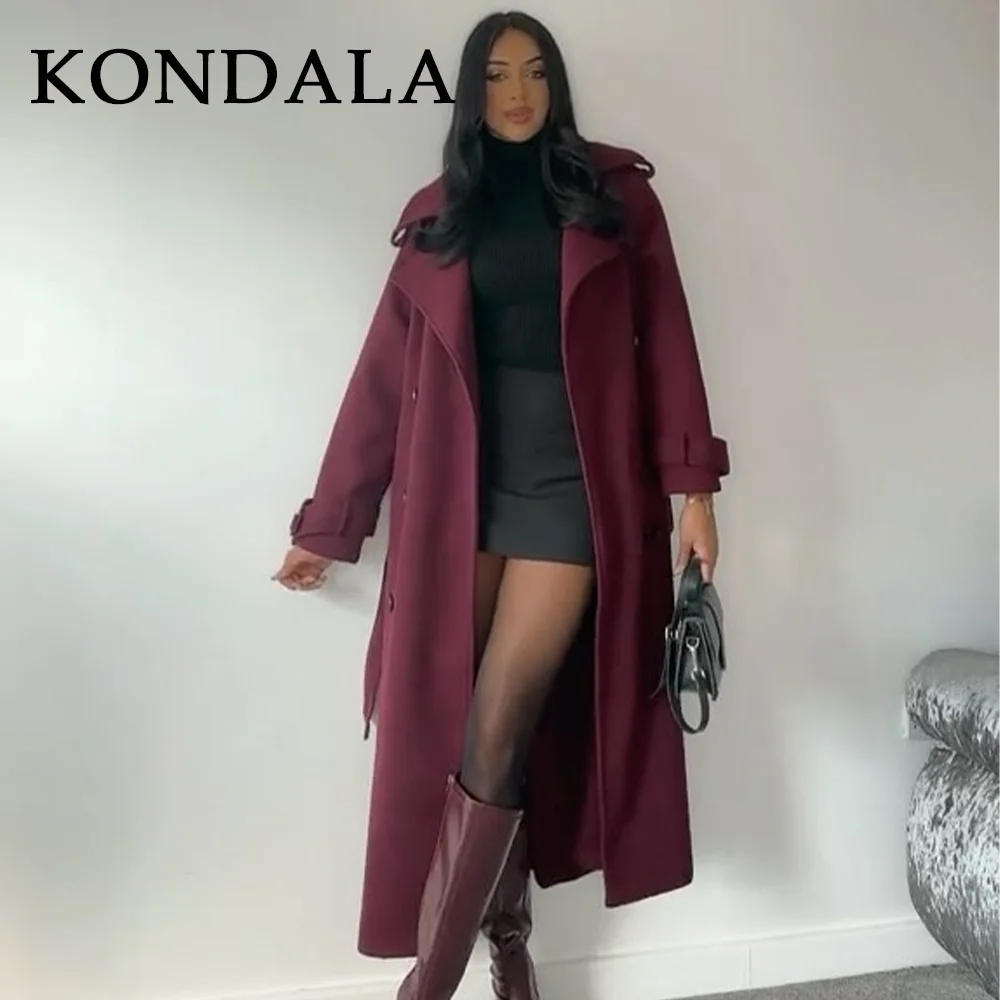 KONDALA 2025 가을 겨울 캐주얼 여성 롱 블렌드 롱 코트 버건디 빈티지 더블 브레스티드 끈 드롭 숄더 롱 코트