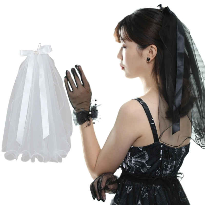 1 Tier Wedding Bridal Veil with Comb Curly Short Sheer Tulle with Bow Decor