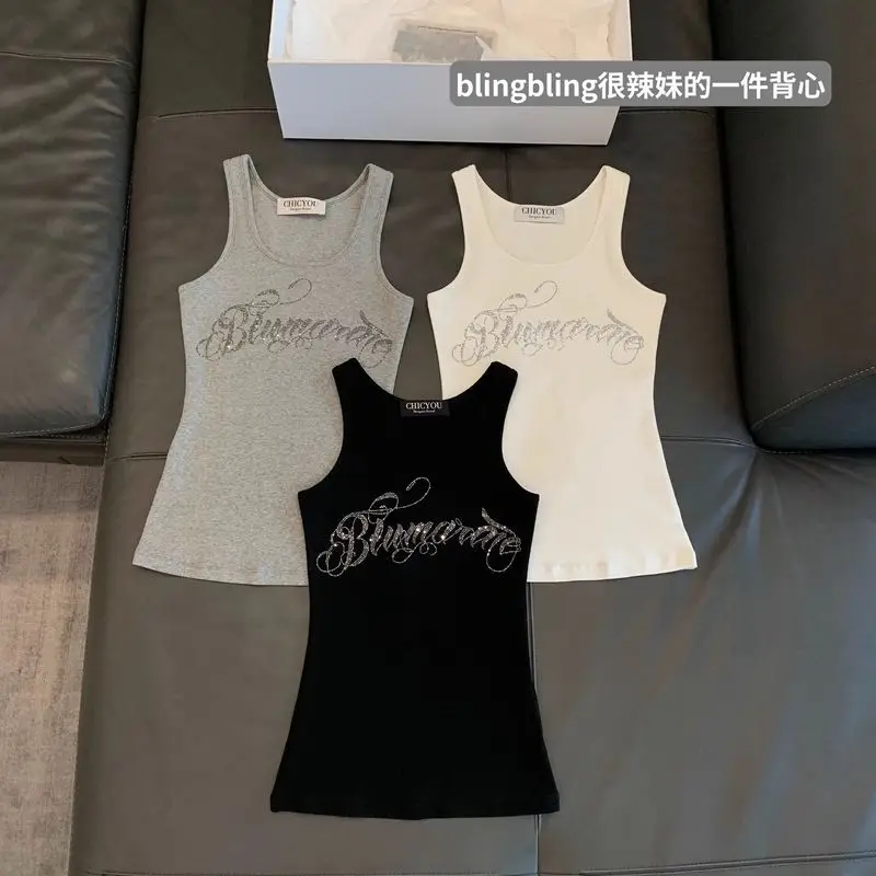 

Harajuku American O Neck All Macth Camisole Y2k Эстетические буквы с бриллиантовой аппликацией Повседневные уличные топы на бретелях Женский топ в стиле панк
