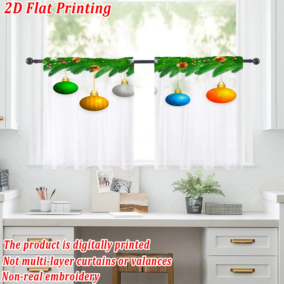 Christmas Flat Printing Kitchen Sheer Curtain with Merry Christmas Ball Pine Branch For Christmas Home Decor  Party