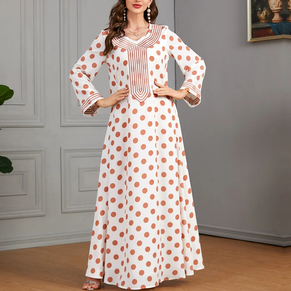 

2024 Summer Fashionable Polka Dot Embroiled Long Dress Chiffon V-neck Muslim Causal Dress Abaya Kaftan Marocain Femme Maxi Dress