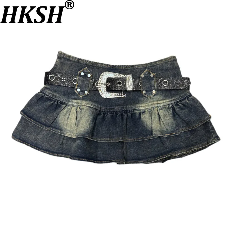 

HKSH 2026 Spring Summer New Women Short Skirt Belted American Retro Pleated A-line Chic Y2K Tide Distressed Denim Skirts HK17510