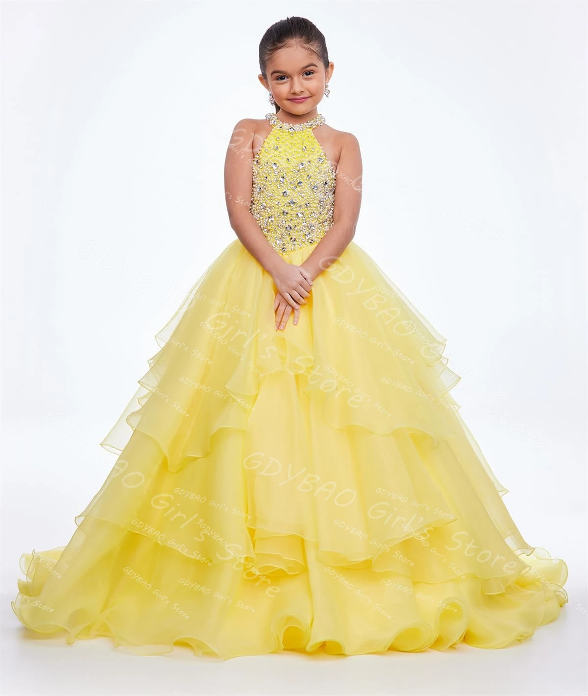 

Little Girls Organza Princess Pageant Dress Halter Flower Girl Frock Customized Kids Beaded Tulle Birthday Party Ball Gowns