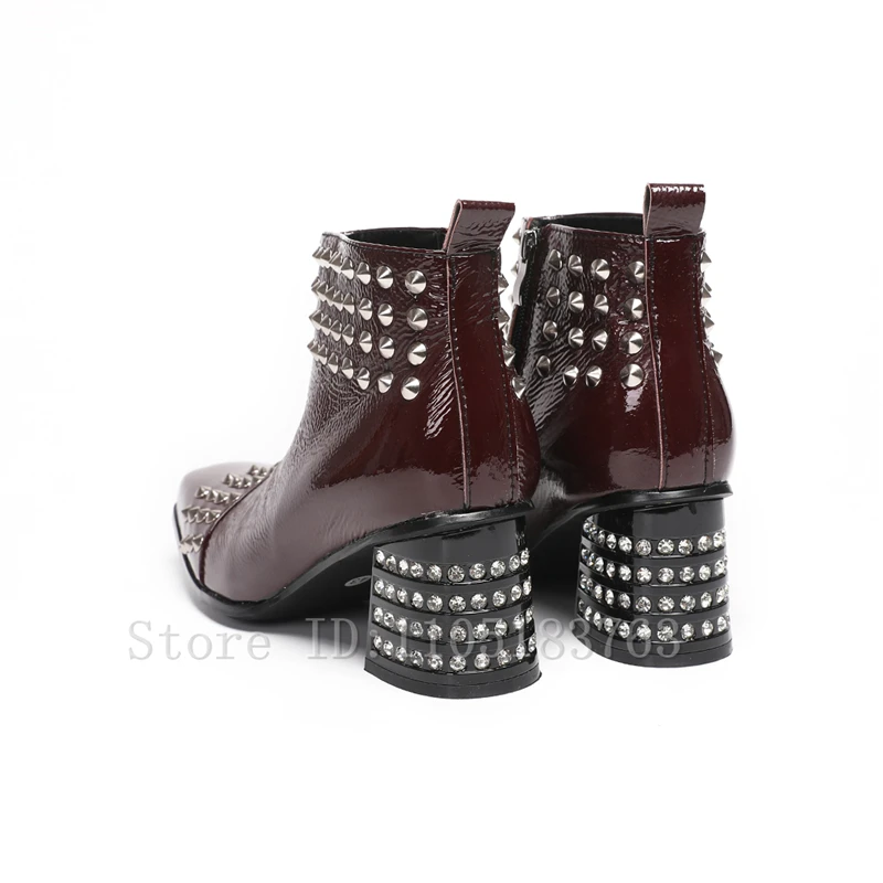 Punk Style Men Square Toe Ankle Boots Luxury Patent Leather Silver Rivet Rhinestones Decor Chunky Heel Short Booties for Party
