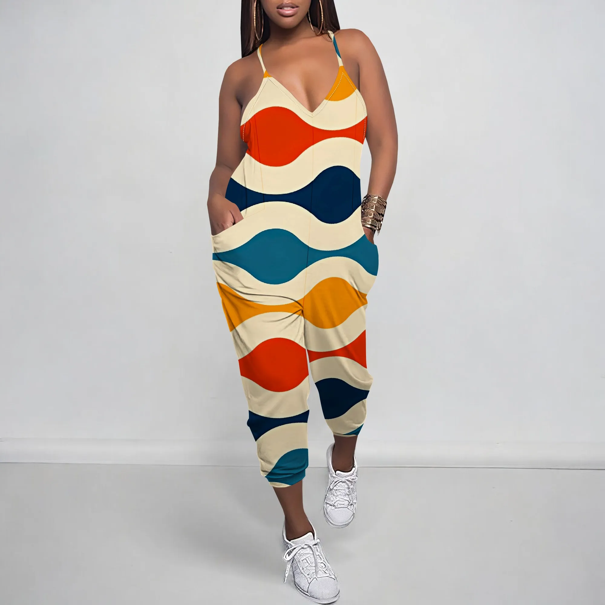 

Women's Summer Strappy V-neck Wide-leg Jumpsuit With Pockets For Outdoor Activities And Daily Wear