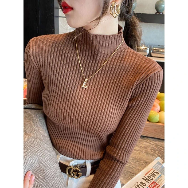 Suéter semi-cuello alto para mujer, camisa de fondo, otoño e invierno, grueso, Top blanco interior, tejido extranjero versátil, 2025